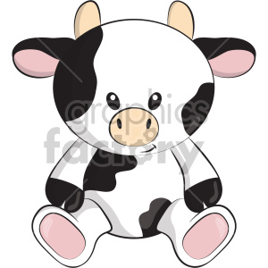 The image is a clipart of a cow-themed stuffed toy animal. The toy has characteristics of a cow such as black and white patches, and pink accents on its ears and feet.