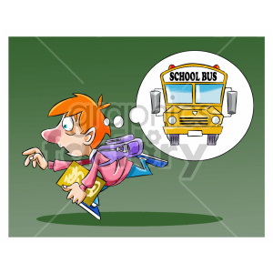 The image is a clipart of a young boy with orange hair, looking worried and running to the left, with a thought bubble above his head that contains a yellow school bus with SCHOOL BUS written on the front. He appears to be late and in a rush, possibly trying to catch the bus. The boy is wearing a pink long-sleeve shirt and blue pants, carrying a backpack and with a book and some papers under his arm, which look to be falling out as he hurries.