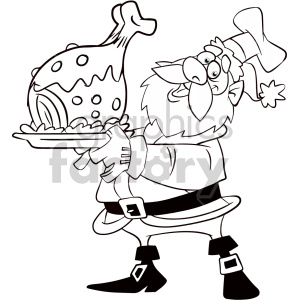 A cheerful Santa Claus character holding a decorated Christmas dinner platter with a large roast.