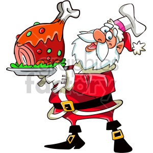 Cartoon character dressed as Santa Claus holding a festive Christmas dinner with a large meat dish.