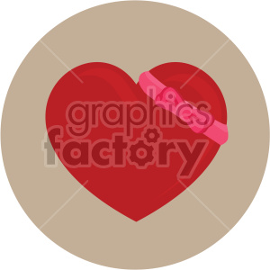 A clipart image of a red heart with a pink ribbon and bow on a beige circular background.