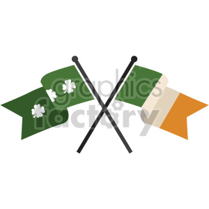 Clipart image of crossed flags featuring Irish symbols: one with green and white shamrocks and the other with the colors of the Irish flag.