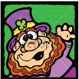 Colorful cartoon leprechaun with a purple hat and a green shamrock, set against a green background.