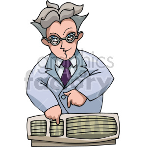 A cartoon illustration of a male scientist wearing glasses and a lab coat, pointing at a keyboard.