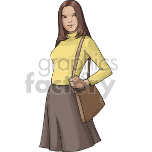 Illustration of a young woman with long hair wearing a yellow top and brown skirt, carrying a shoulder bag.