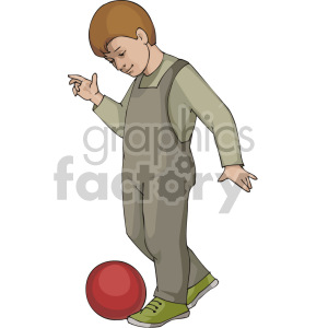 Clipart image of a boy wearing a green outfit with suspenders, playing with a red ball.