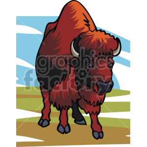 The clipart image depicts a bison walking towards you. It is shown standing on grassy terrain, with a blue sky above