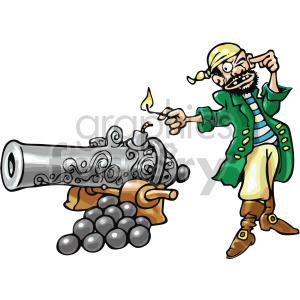 A cartoon pirate man lighting a cannon with a stack of cannonballs nearby.