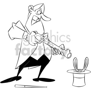 A comical and exaggerated clipart image of a magician wearing a bow tie and holding a shotgun. The rabbit is refusing to come out of the hat, so he is angrily taking aim at it 
