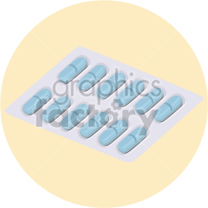 Illustration of a blister pack containing blue capsules on a circular background.