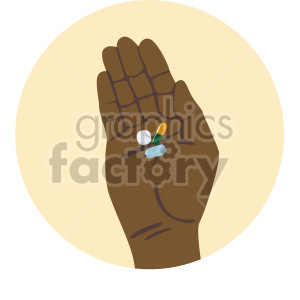 Clipart image of an African American hand holding various pills and medication.