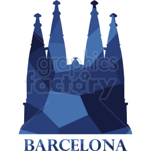 Clipart image of the Sagrada Famlia, a famous architectural landmark in Barcelona, depicted in stylized blue geometric shapes. The word 'BARCELONA' is written below the illustration.