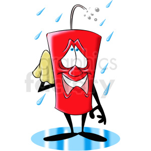 A cartoon firecracker with a smiling face standing in the rain, appearing happy and relieved.