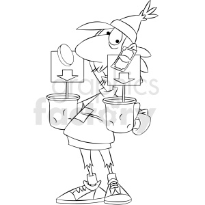 A cartoon illustration showing a man wearing a beanie and mismatched clothing, holding two cups with donation signs, symbolizing begging or seeking donations.