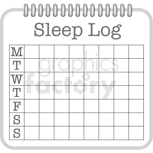 A clipart image of a sleep log chart. The chart is designed like a notebook with spiral binding at the top, and includes a grid with columns and rows for daily entries from Monday to Sunday.