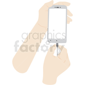 Illustration of hands holding a smartphone with a charging cable being plugged in.