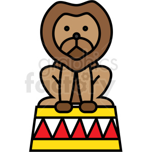 Clipart image of a cartoon lion sitting on a circus pedestal.