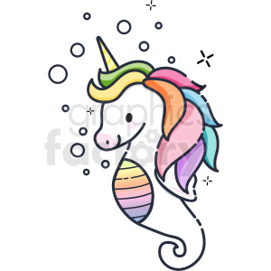   The clipart image depicts a cartoon icon of a seahorse with a unicorn horn (a.k.a. a "seahorse unicorn"). It is created in vector format and can be used for various design purposes, such as logos or graphics.
 