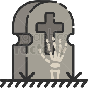 Halloween-themed icon featuring a graveyard tombstone with a cross and a skeleton hand emerging from the ground.