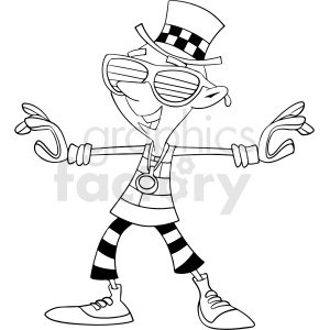 Clipart of a dancing character wearing a striped outfit, sunglasses, and a checkered hat, embodying a fun rave or EDC vibe.