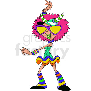 A vibrant cartoon character dressed in colorful rave attire, featuring a polka dot dress, large yellow sunglasses, striped leg warmers, and pink spiky hair.