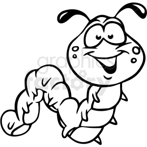 A black and white clipart image of a happy caterpillar. The caterpillar has a big smile and is depicted with large eyes and antennae.