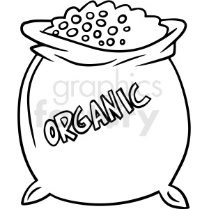 This clipart image depicts a sack labeled 'Organic' filled with round items, possibly grains or seeds. The illustration is simple and monochrome, suitable for representing organic products or natural goods.