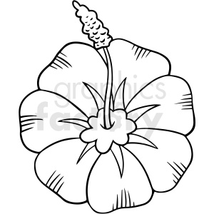 A black and white clipart illustration of a hibiscus flower with distinct petals and a prominent stamen.