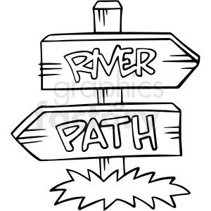 A clipart image of a wooden signpost with two directional arrows. One arrow points to the river, labeled 'RIVER,' and the other points to a path, labeled 'PATH.' The signpost is positioned on a patch of grass.