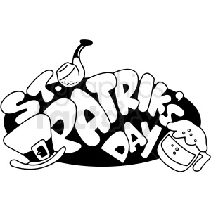 A black and white clipart image featuring the text 'St. Patrick's Day' with accompanying illustrations of a leprechaun hat, a smoking pipe, and a beer mug.