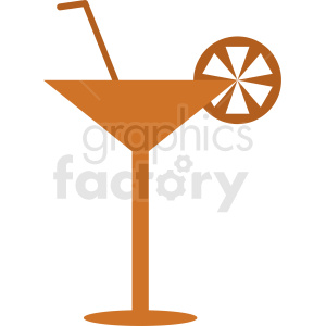 An orange martini glass with a cocktail and a straw, decorated with a citrus slice.