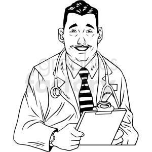 A black and white clipart image of a smiling male doctor wearing a stethoscope around his neck, holding a clipboard.
