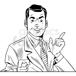 Retro-style clipart image of a man in a suit pointing directly toward the viewer with one hand while the other hand is raised, index finger pointing upwards.