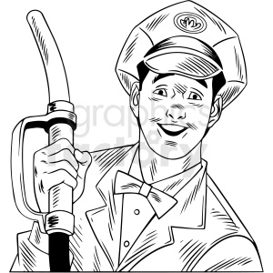 A black and white clipart illustration of a smiling gas station attendant holding a gas pump nozzle. The attendant is wearing a uniform with a bow tie and a hat.