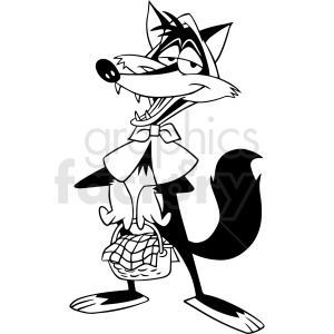 Cartoon wolf character dressed in a cape, carrying a basket.