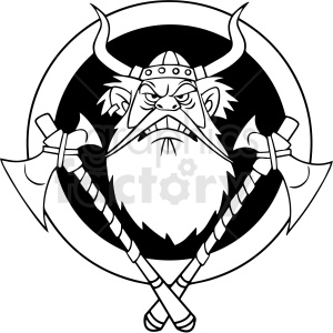 Clipart of an angry Viking warrior with a horned helmet, long beard, and crossed axes.