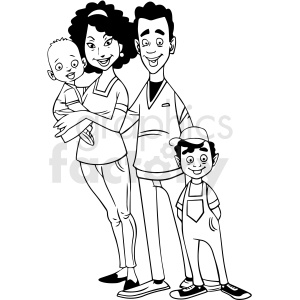 A family of four in a black and white clipart style, featuring a mother holding a baby, a father standing alongside, and a young boy wearing overalls.