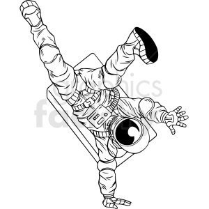 A black and white clipart of an astronaut dancing in space, performing a handstand move with one leg up.