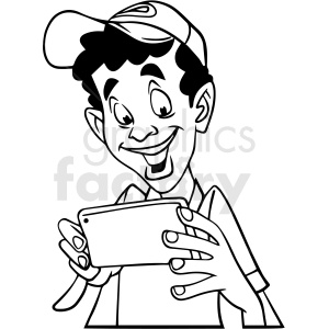 Cartoon of a smiling child wearing a cap, holding a smartphone and looking at the screen.