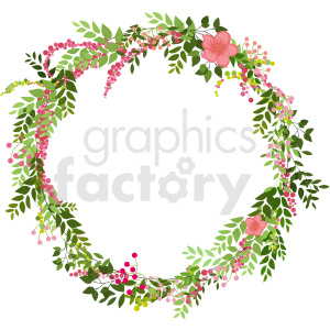 A circular floral wreath clipart with green leaves, pink flowers, and berry clusters.