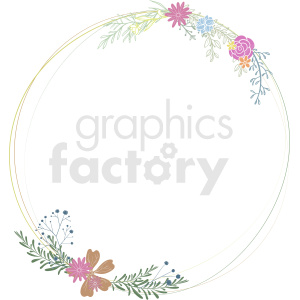 A delicate floral circular frame featuring a mix of colorful flowers and green leaves on the top right and bottom left corners.
