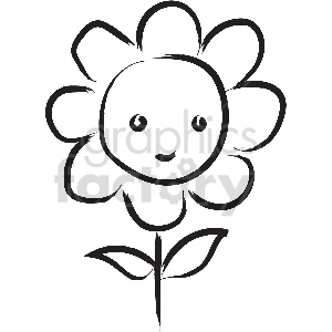 A black and white sketch of a smiling flower with a round face and simple petals.