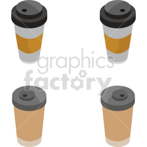 Isometric clipart of four coffee cups with lids, two featuring a brown sleeve.