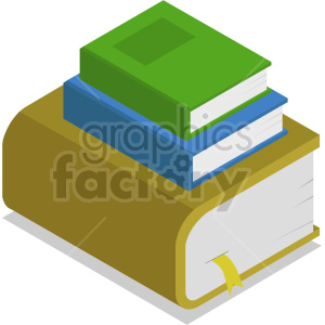 Isometric illustration of a stack of three books in varying colors, with the largest book at the base.