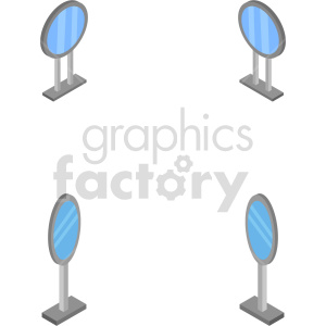 Clipart image of four blue, oval-shaped mirrors with gray frames and bases positioned in the four corners of the image.