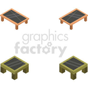 Isometric clipart of four coffee tables, two rectangular with wooden legs, and two square with green legs.