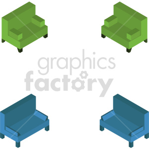 A clipart image featuring two green and two blue isometric sofas arranged separately in a grid pattern on a white background.