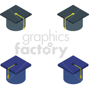 Isometric clipart of four graduation caps in blue and black, representing education and college graduation.