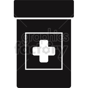 A minimalist black and white icon of a medicine bottle with a cross symbol, representing first aid or medical care.