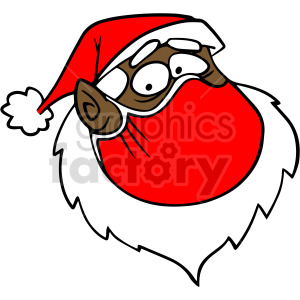 Cartoon illustration of Santa Claus wearing a red mask, featuring festive elements like a Santa hat and white beard.